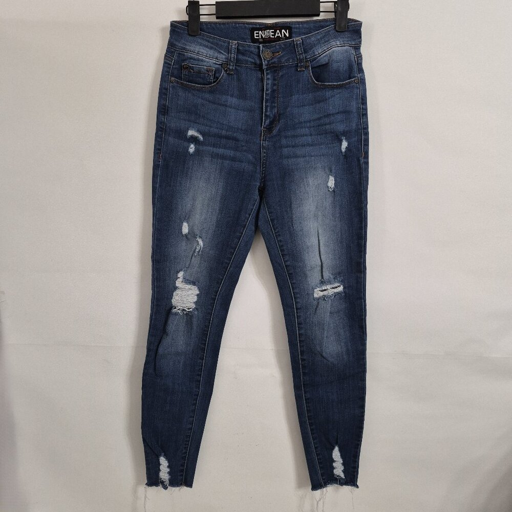 Enjeans Girls Junior 7 Stretchy Skinny Distressed Raw Ankle Denim Blue Jeans